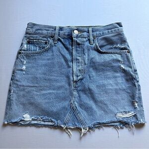 AGOLDE blue cotton denim distressed raw fray hem mini jean skirt